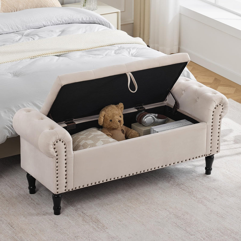 Velvet Tufted Storage Bench with Arms for Bedroom & Entryway