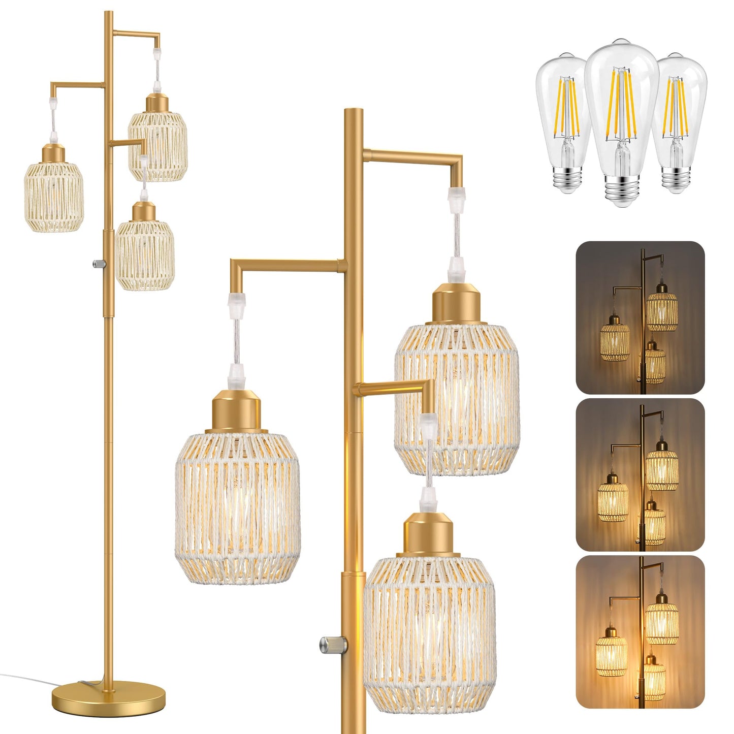 Dimmable Boho Floor Lamp with Rattan Shade for Living Room Decor