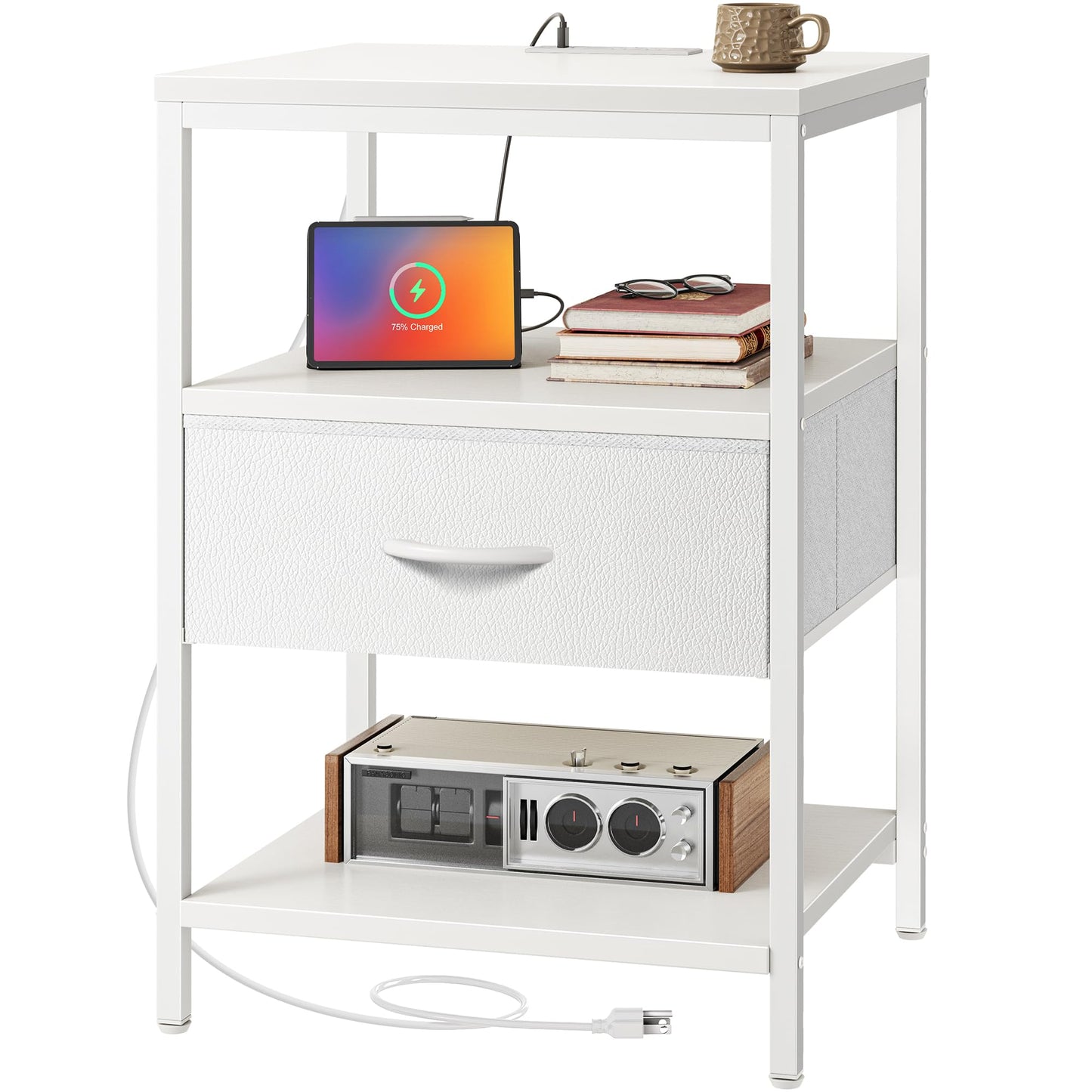 Nightstand with Charging Station and Adjustable Fabric Drawer