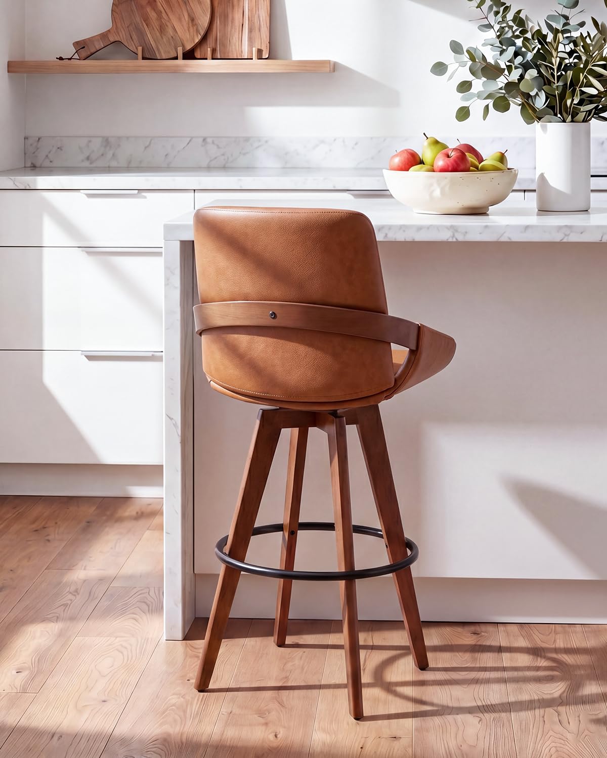 Mid Century Modern Swivel Bar Stools with Faux Leather Upholstery & Walnut Legs