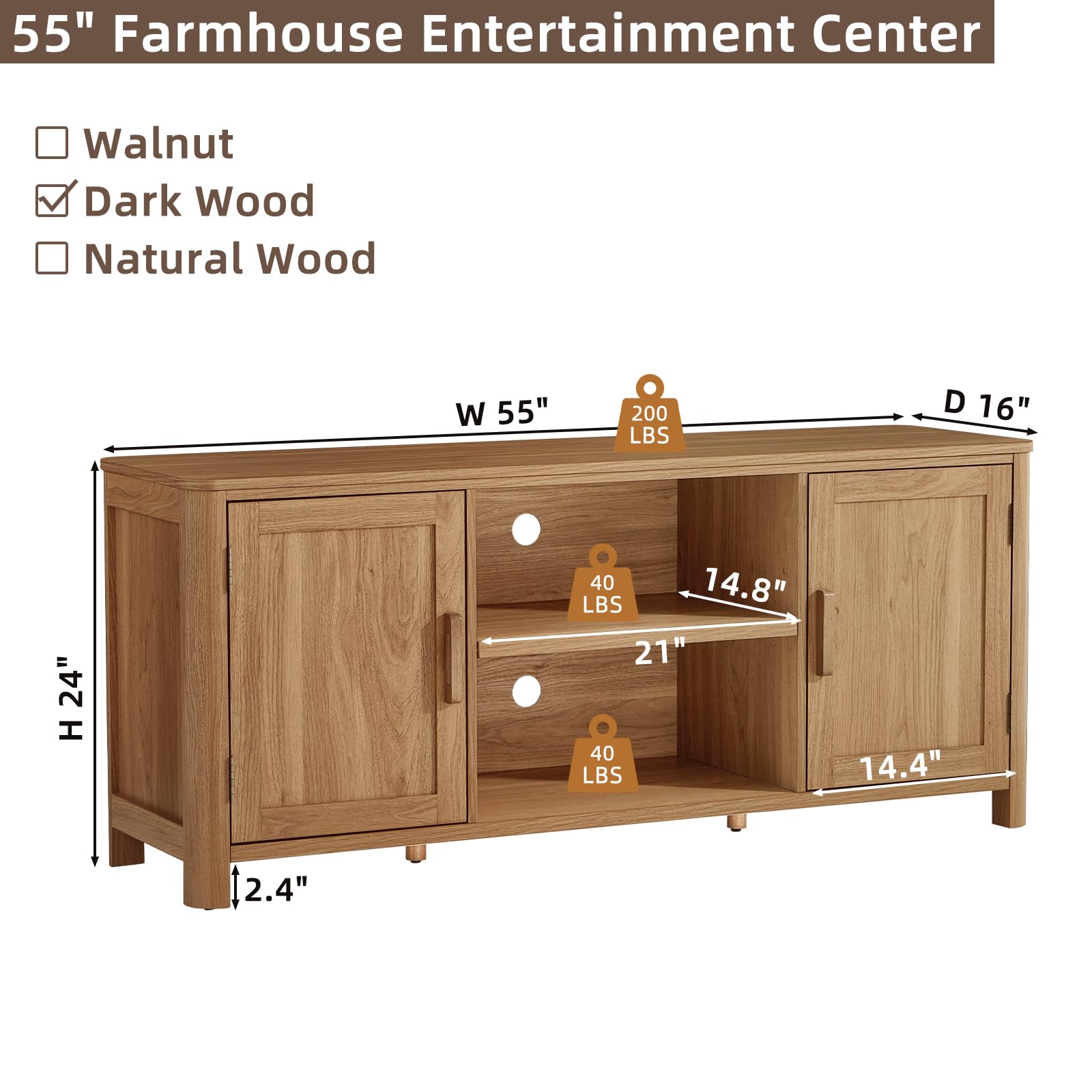 Farmhouse TV Stand with Adjustable Shelves for Living Room Storage