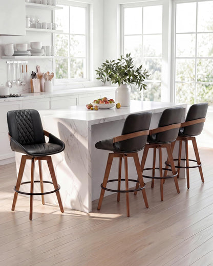Mid Century Modern Swivel Bar Stools with Faux Leather Upholstery & Walnut Legs