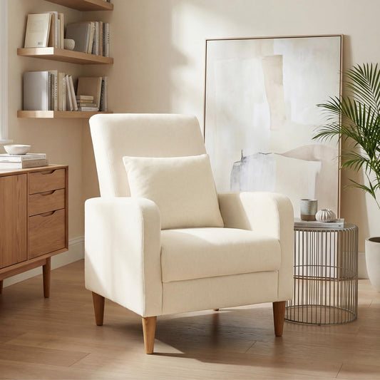 Mid Century Modern Upholstered Accent Chair with Wood Legs & Pillow