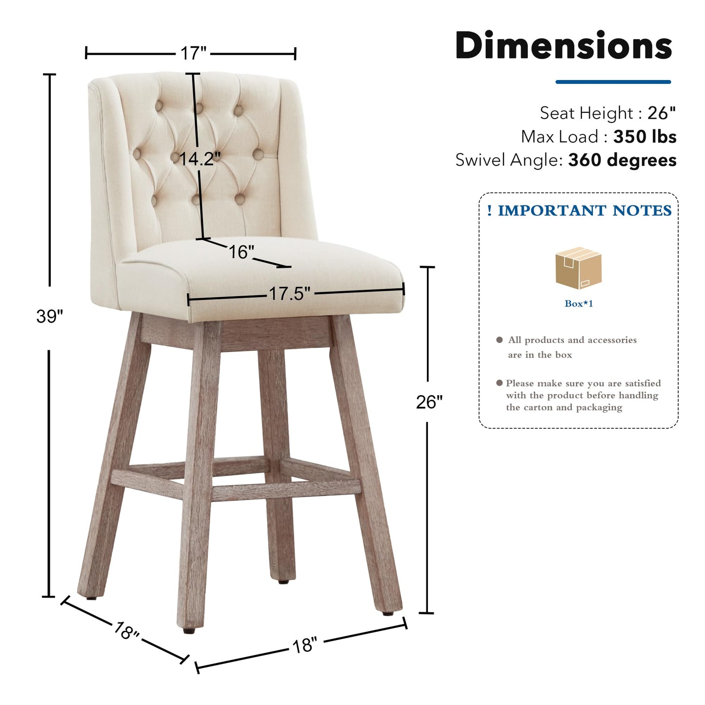 Modern Linen Upholstered Counter Height Bar Stools with Swivel & Wood Legs