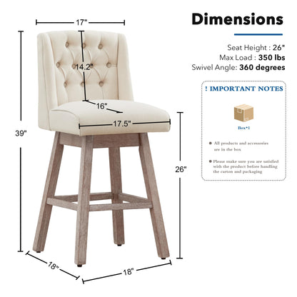 Modern Linen Upholstered Counter Height Bar Stools with Swivel & Wood Legs