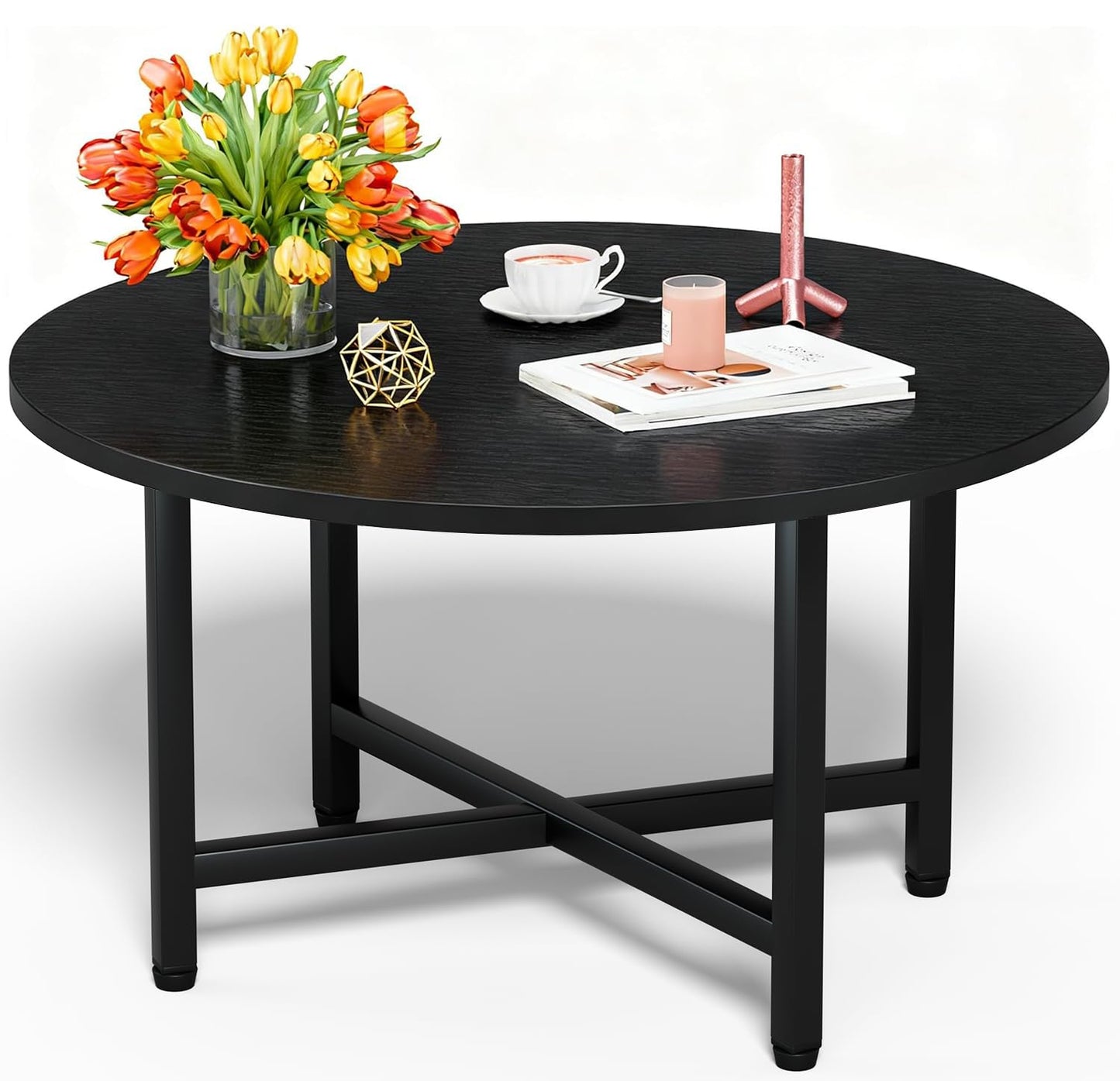 Round Coffee Table with Metal Frame for Living Room & Office