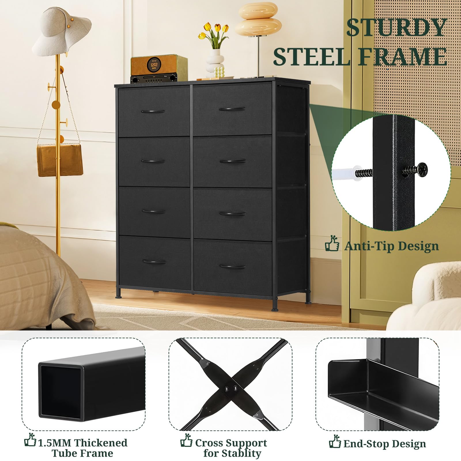 SageNest Dresser for Bedroom, Anti-Tip Tall Storage Organizer