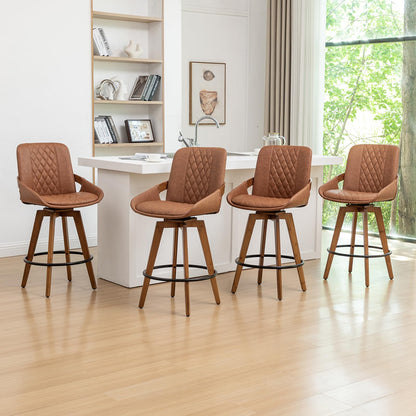 Mid Century Modern Swivel Bar Stools with Faux Leather Upholstery & Walnut Legs