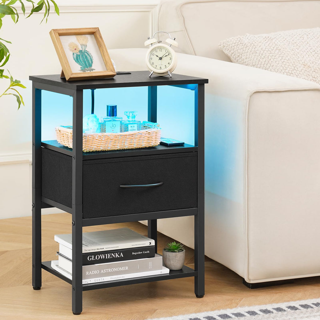Yoobure End Table with Storage, LED Nightstand with Charging Station