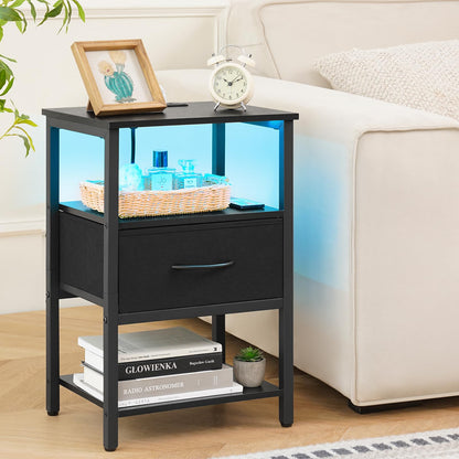 Yoobure End Table with Storage, LED Nightstand with Charging Station