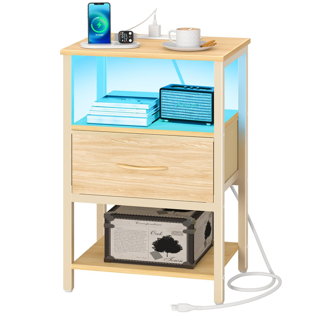 Yoobure End Table with Storage, LED Nightstand with Charging Station