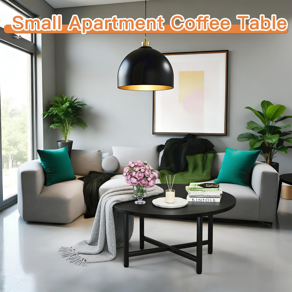 Round Coffee Table with Metal Frame for Living Room & Office