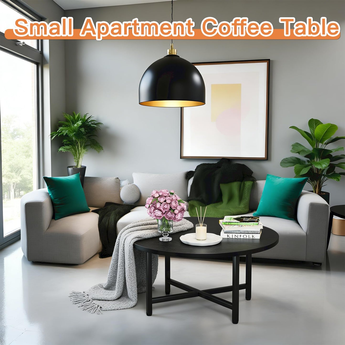 Round Coffee Table with Metal Frame for Living Room & Office