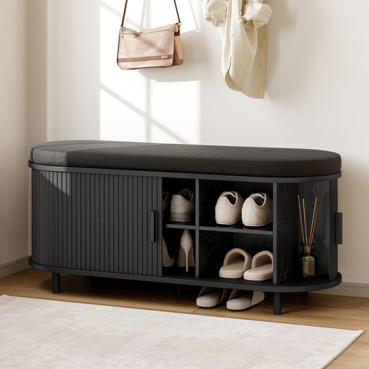 Fluted Shoe Storage Bench with Cushion, Sliding Door & Adjustable Shelf for Entryway