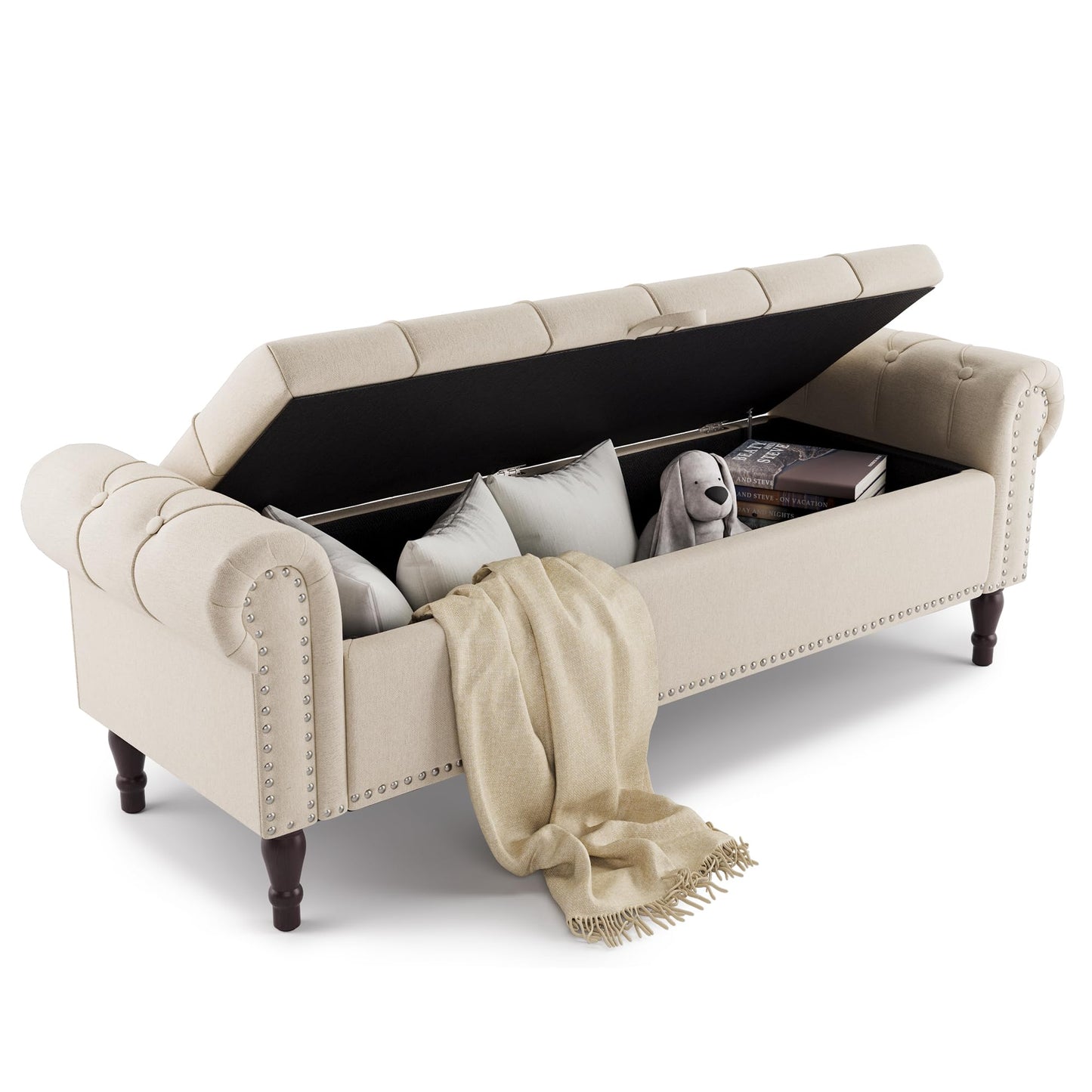 Linen Storage Bench with Rolled Arms and Tufted Design for Bedroom & Entryway