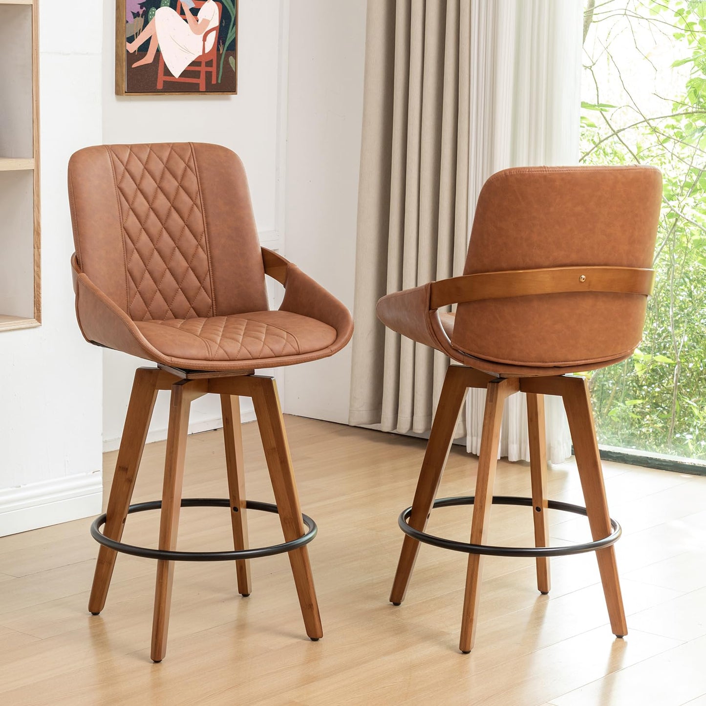 Mid Century Modern Swivel Bar Stools with Faux Leather Upholstery & Walnut Legs