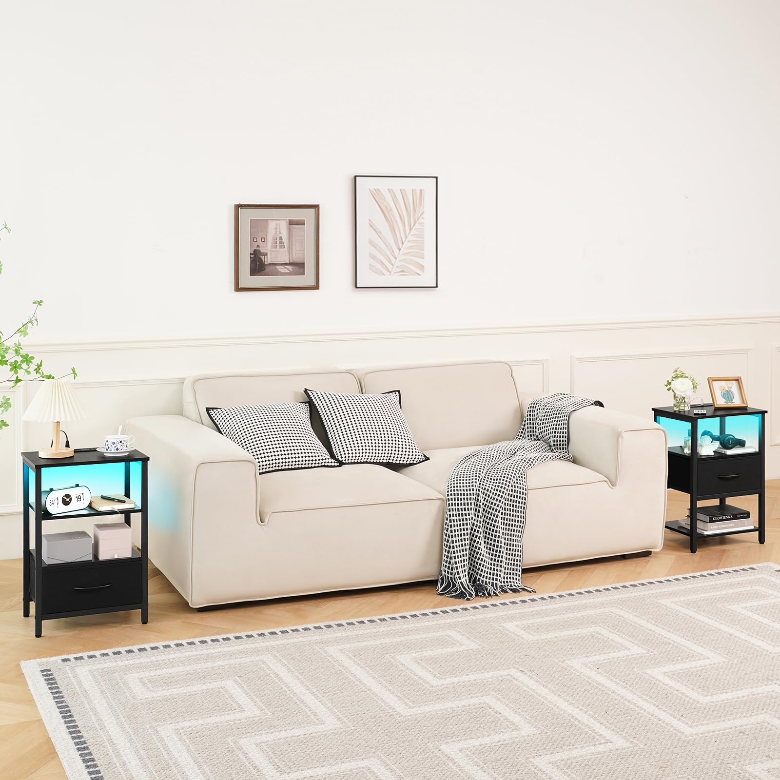 Yoobure End Table with Storage, LED Nightstand with Charging Station
