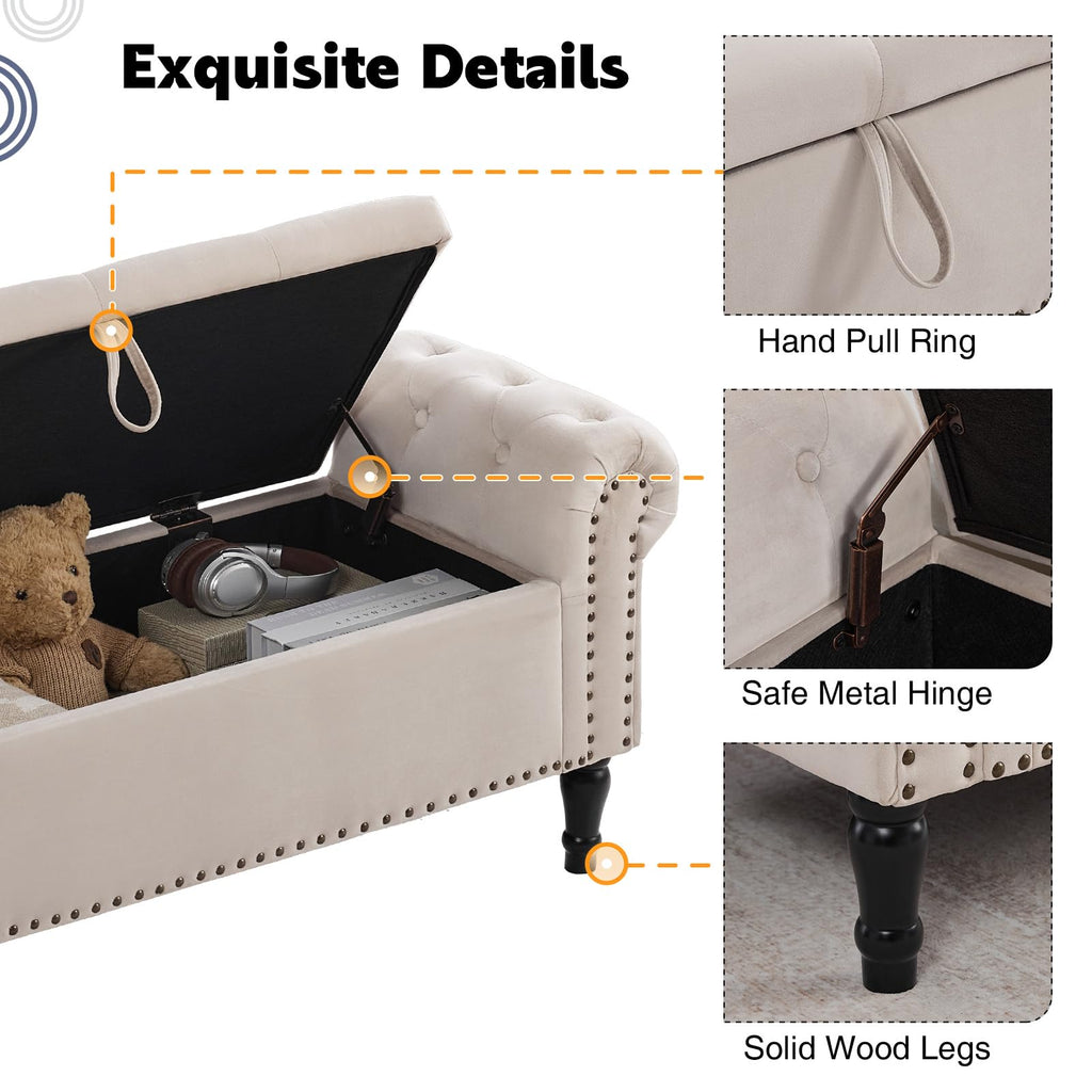Velvet Tufted Storage Bench with Arms for Bedroom & Entryway
