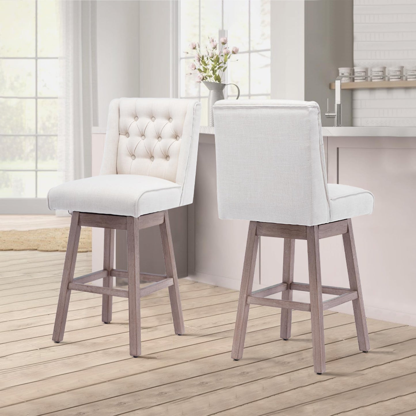 Modern Linen Upholstered Counter Height Bar Stools with Swivel & Wood Legs