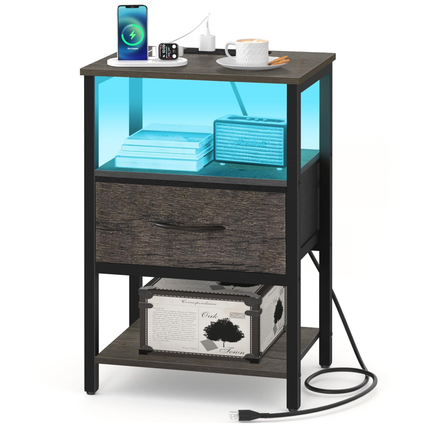 Yoobure End Table with Storage, LED Nightstand with Charging Station