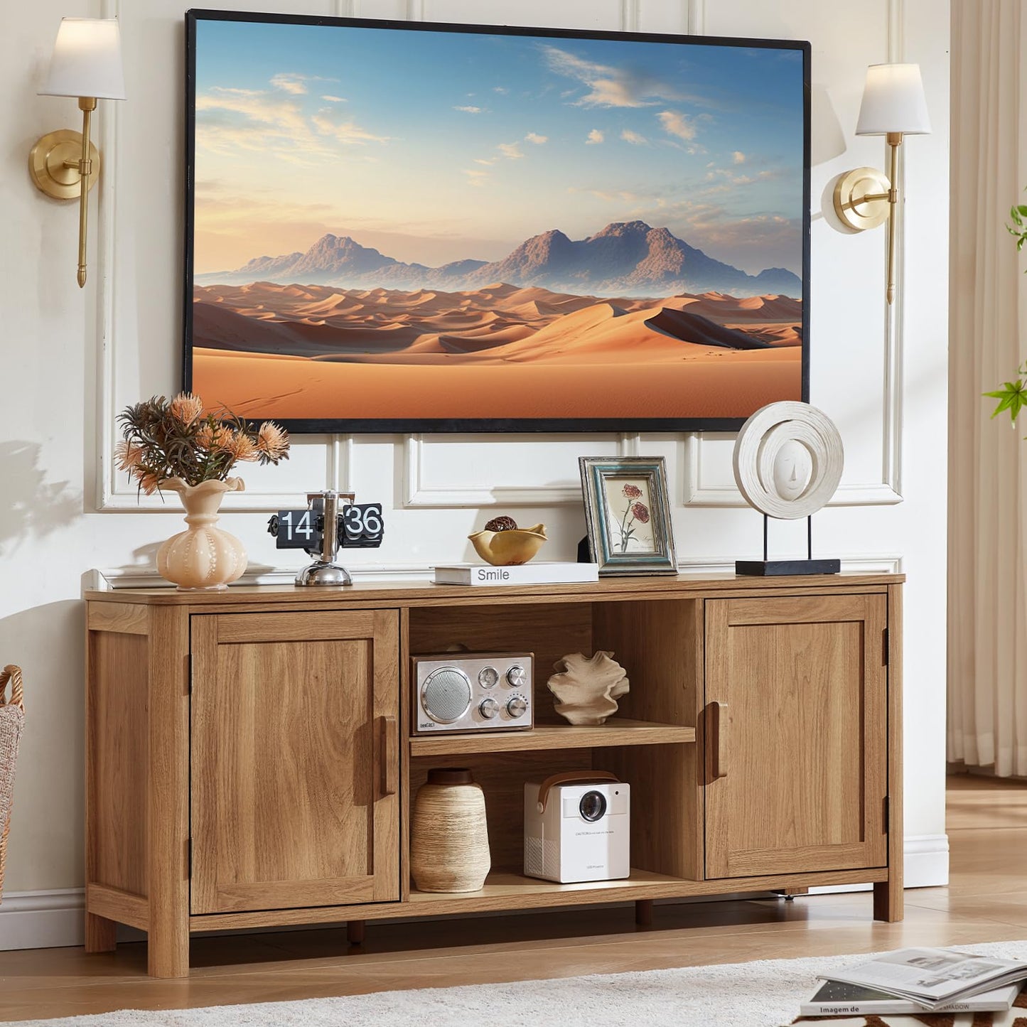 Farmhouse TV Stand with Adjustable Shelves for Living Room Storage