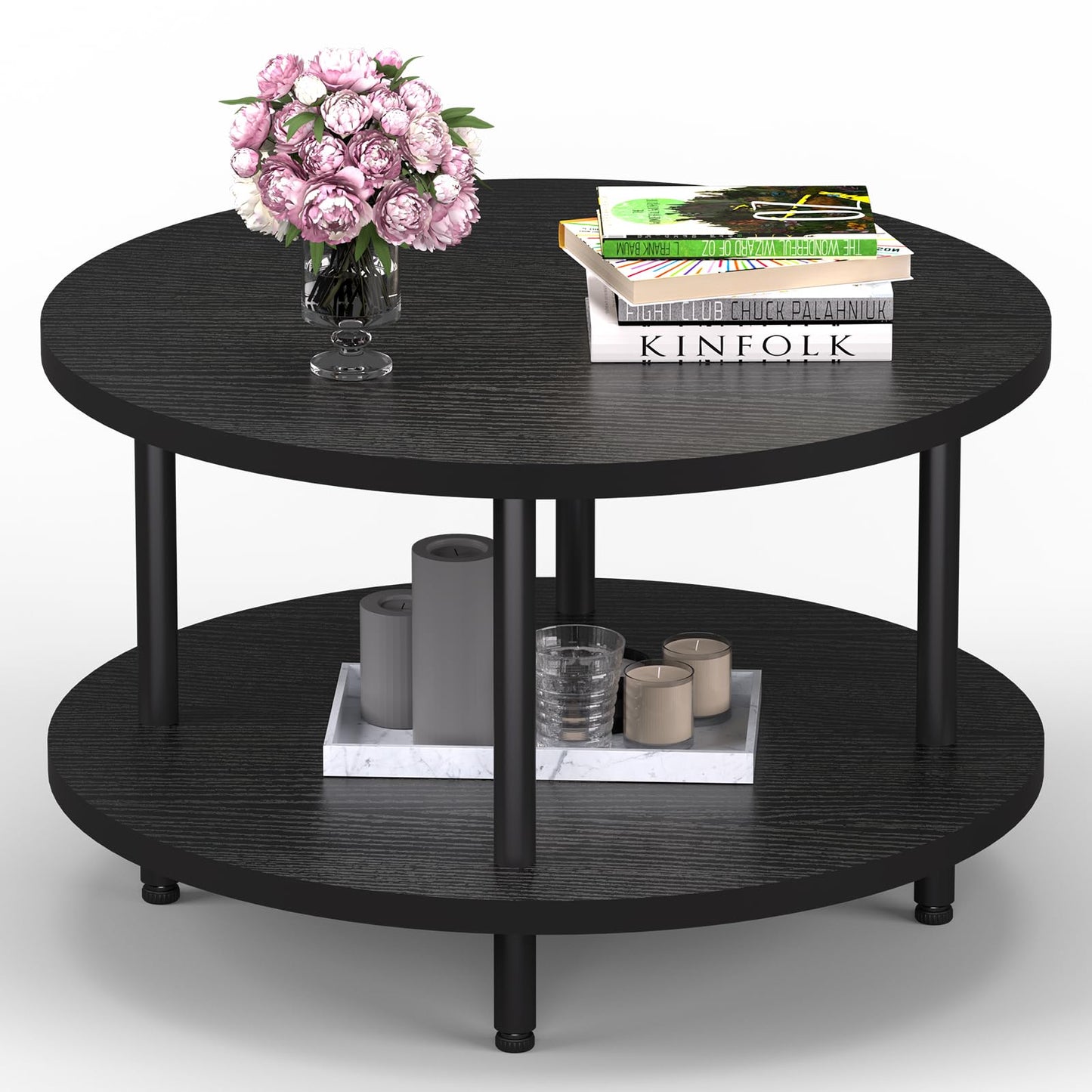 Round Coffee Table with Metal Frame for Living Room & Office