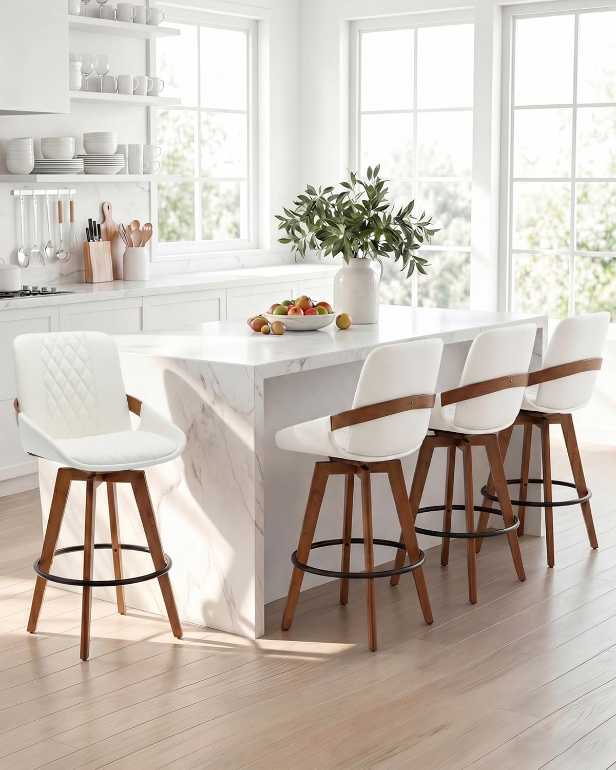 Mid Century Modern Swivel Bar Stools with Faux Leather Upholstery & Walnut Legs