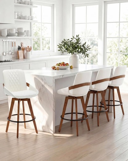 Mid Century Modern Swivel Bar Stools with Faux Leather Upholstery & Walnut Legs