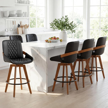 Mid Century Modern Swivel Bar Stools with Faux Leather Upholstery & Walnut Legs