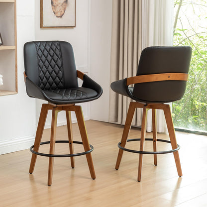 Mid Century Modern Swivel Bar Stools with Faux Leather Upholstery & Walnut Legs