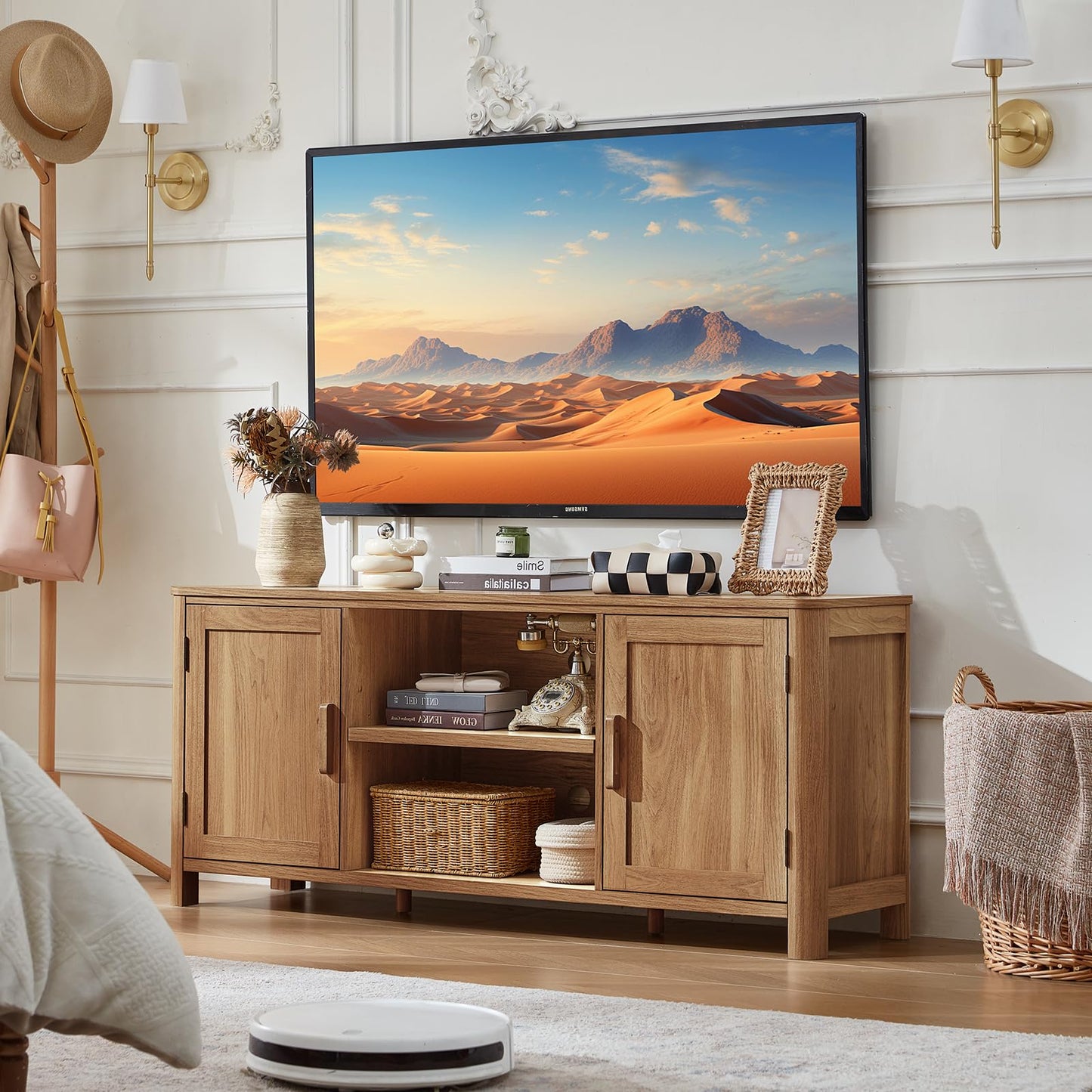 Farmhouse TV Stand with Adjustable Shelves for Living Room Storage