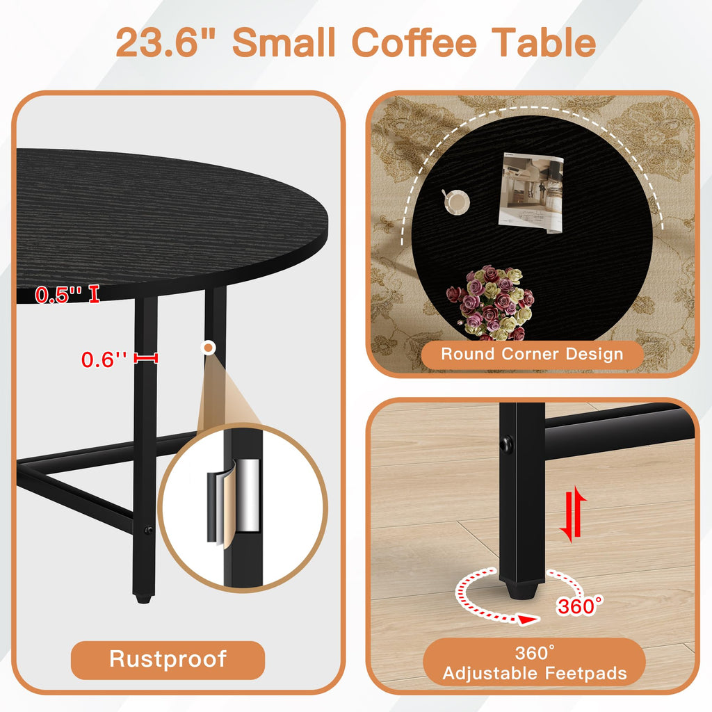 Round Coffee Table with Metal Frame for Living Room & Office