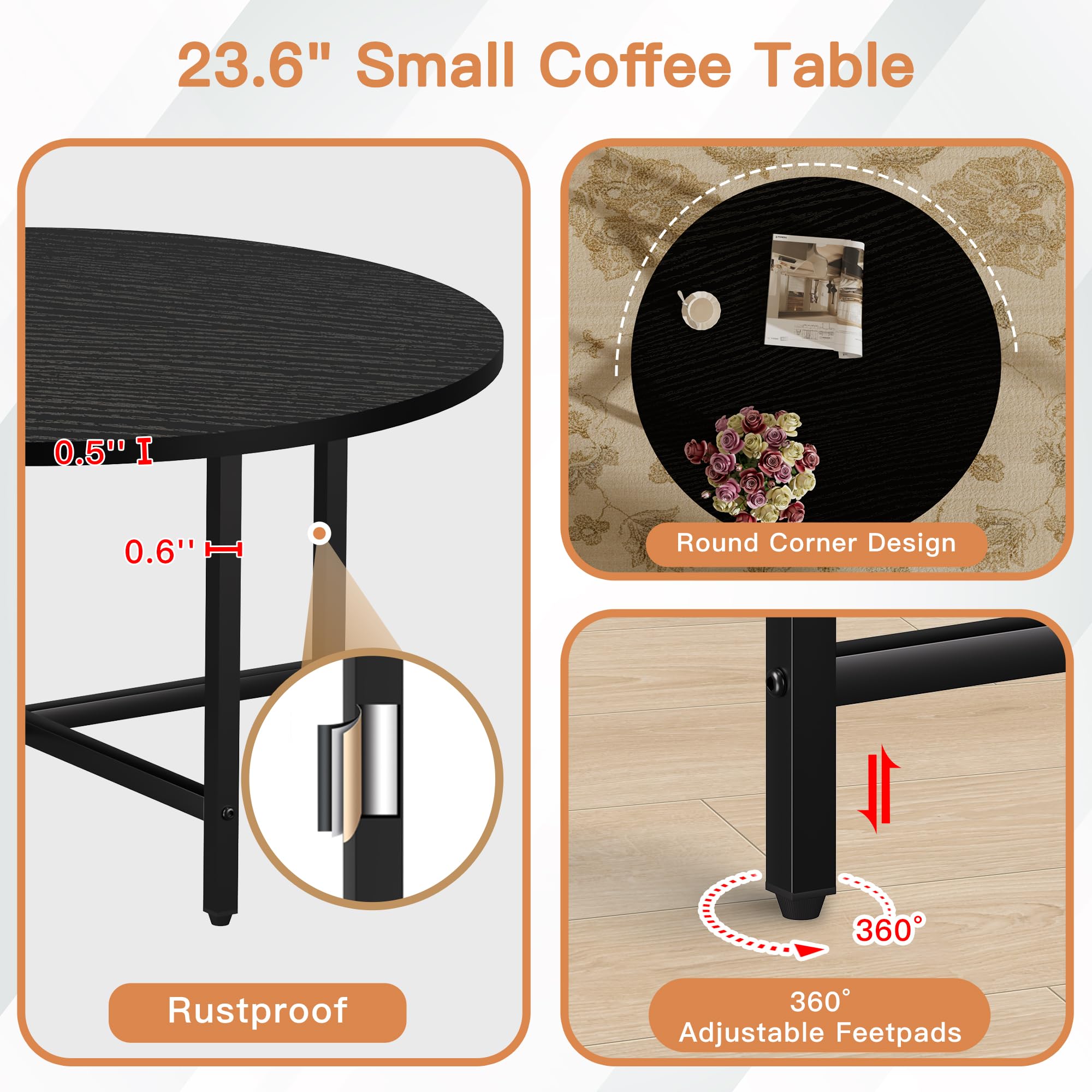 Round Coffee Table with Metal Frame for Living Room & Office