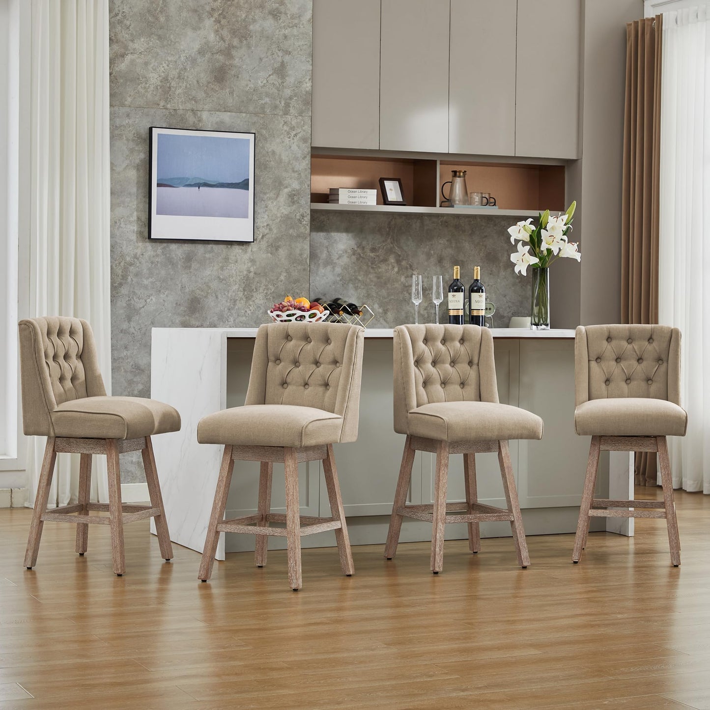 Modern Linen Upholstered Counter Height Bar Stools with Swivel & Wood Legs