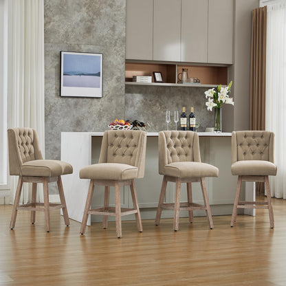 Modern Linen Upholstered Counter Height Bar Stools with Swivel & Wood Legs