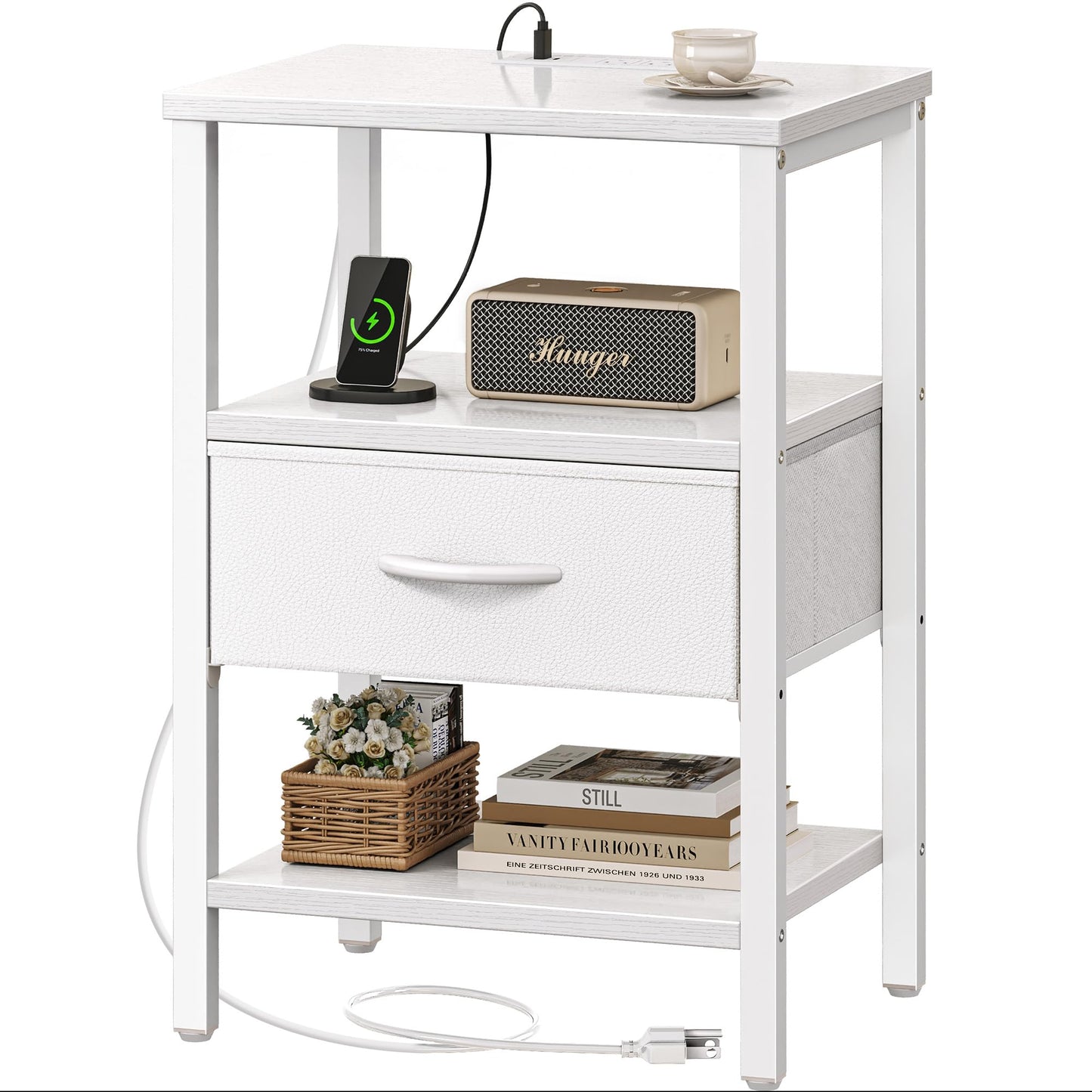 Nightstand with Charging Station and Adjustable Fabric Drawer