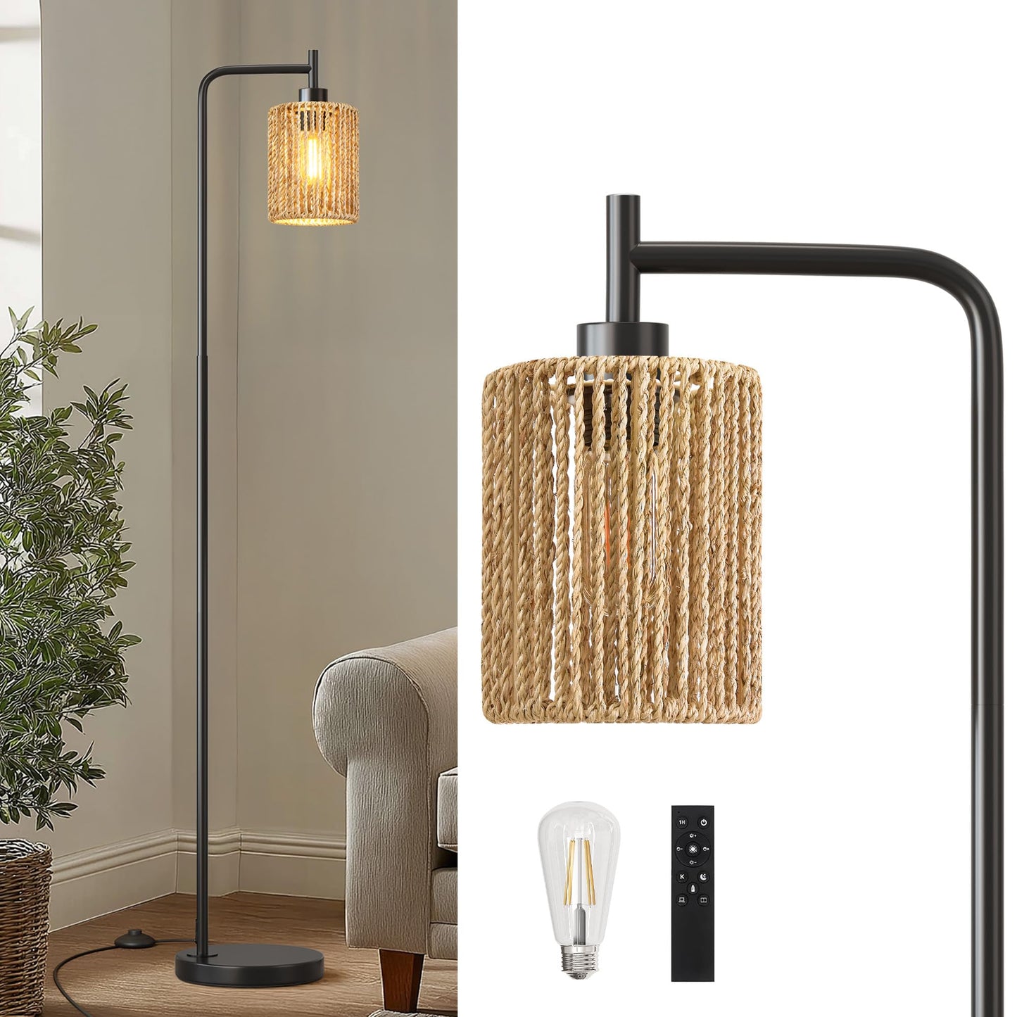 Industrial Boho Tall Floor Lamp for Living Room, Bedroom & Office