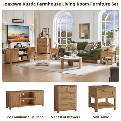 Farmhouse TV Stand with Adjustable Shelves for Living Room Storage