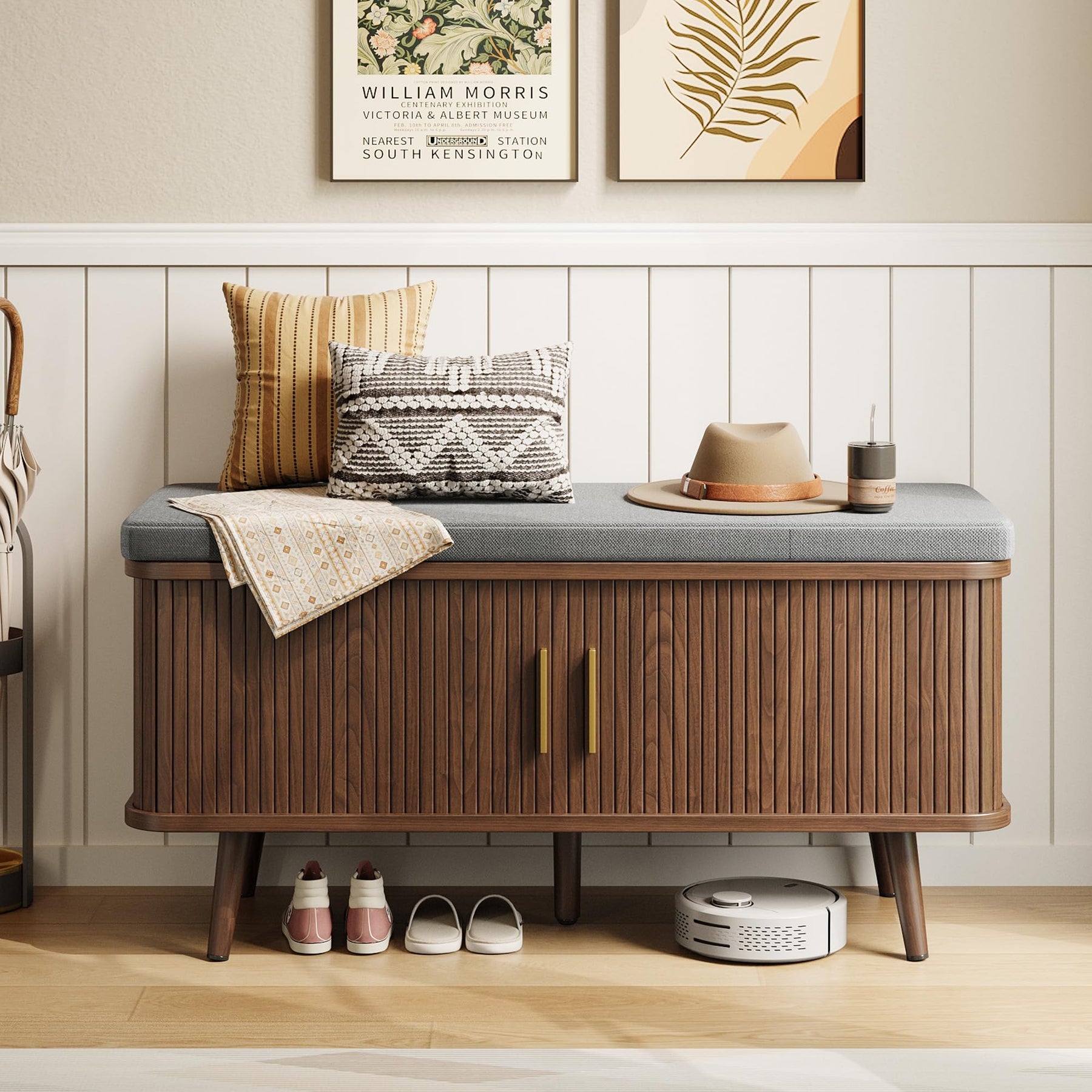 Decofy Storage Bench with Cushion and Sliding Doors