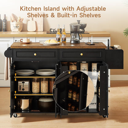 Mobile Kitchen Island Cart with Storage, Power Outlet & Spice Rack Organizer