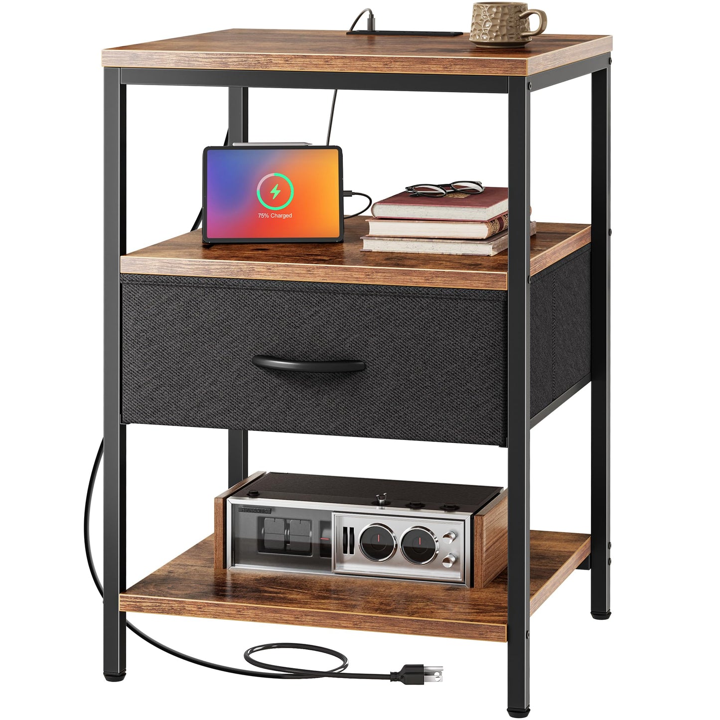 Nightstand with Charging Station and Adjustable Fabric Drawer