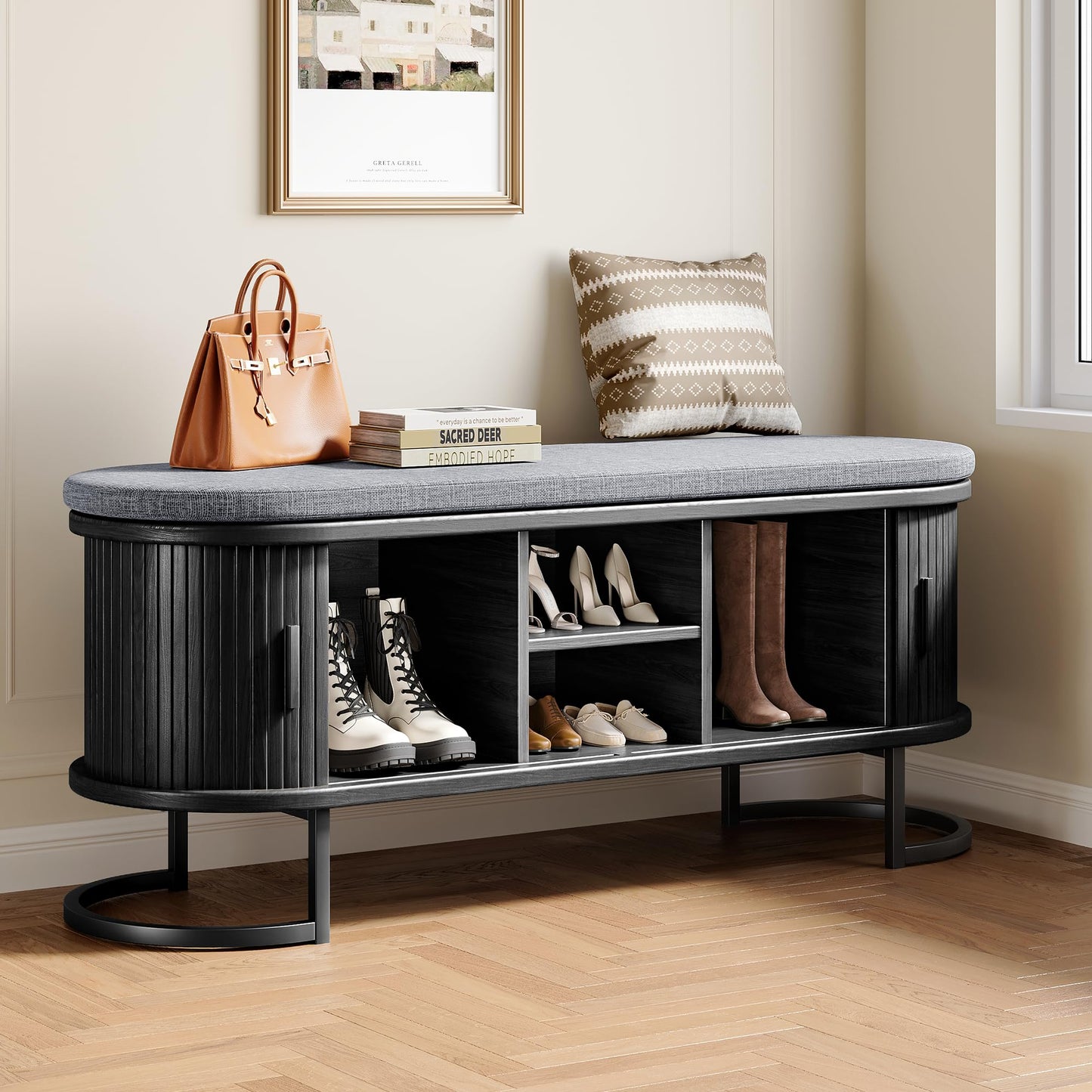 Decofy Storage Bench with Cushion and Sliding Doors
