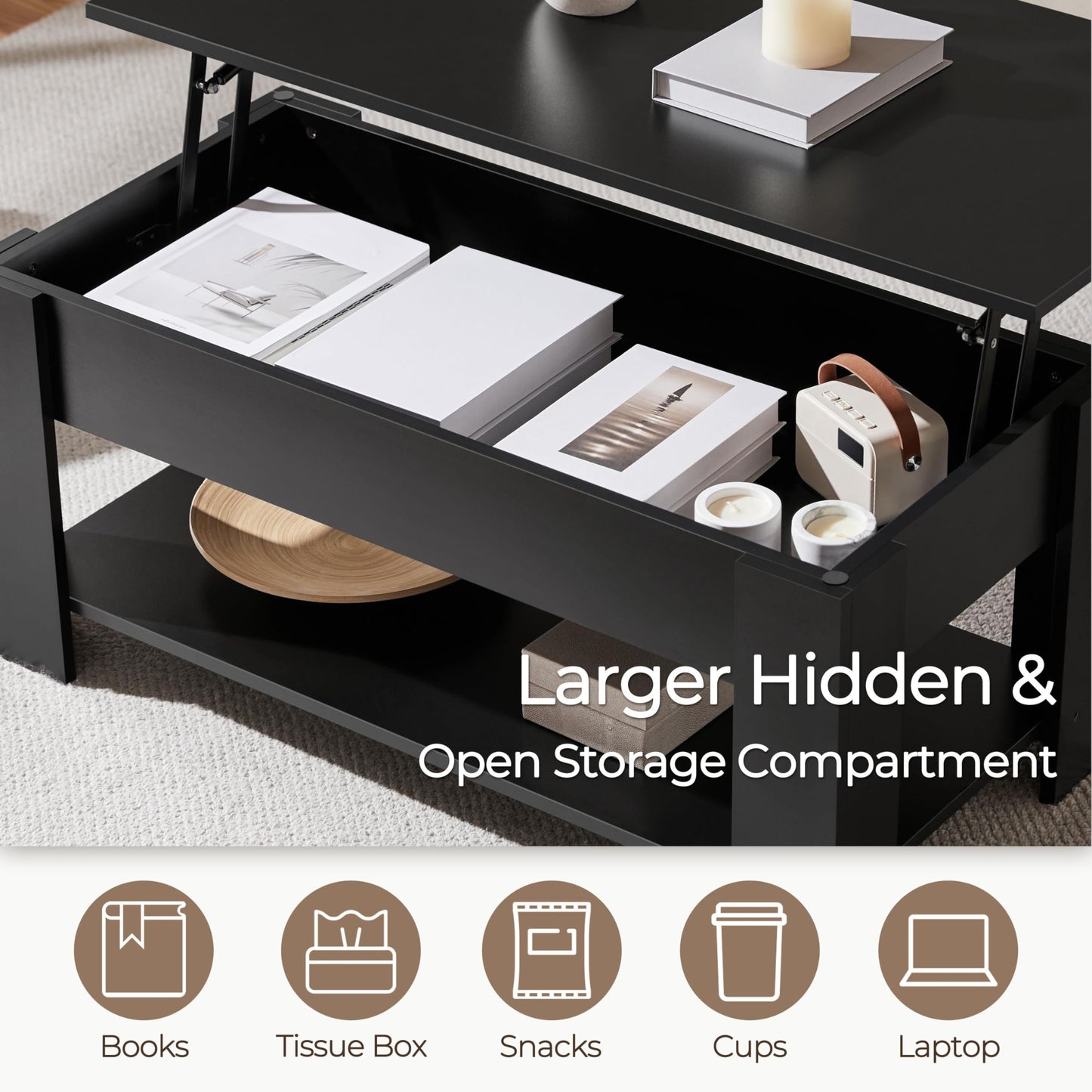 Lift Top Coffee Table with Hidden Storage Compartment for Living Room