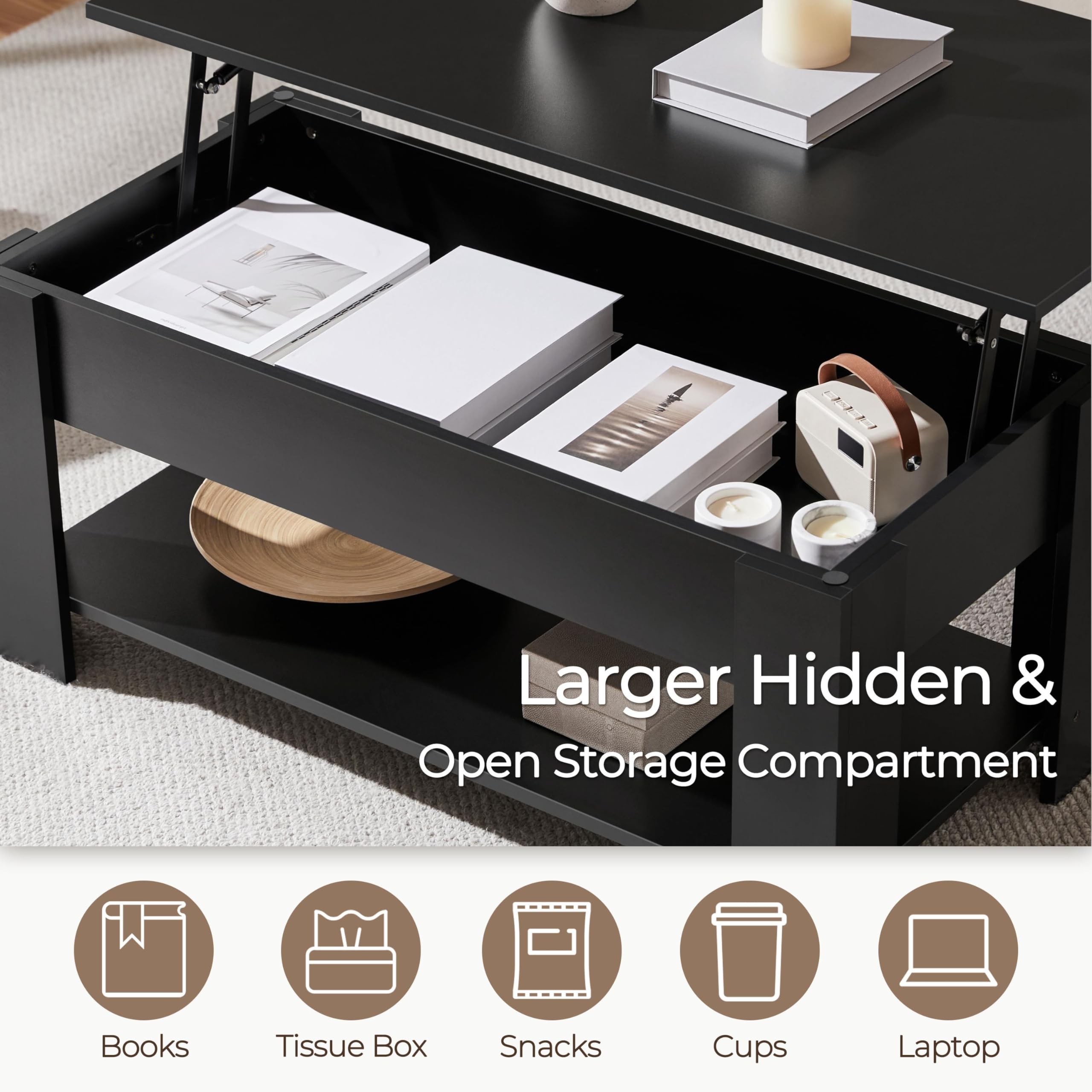 Lift Top Coffee Table with Hidden Storage Compartment for Living Room