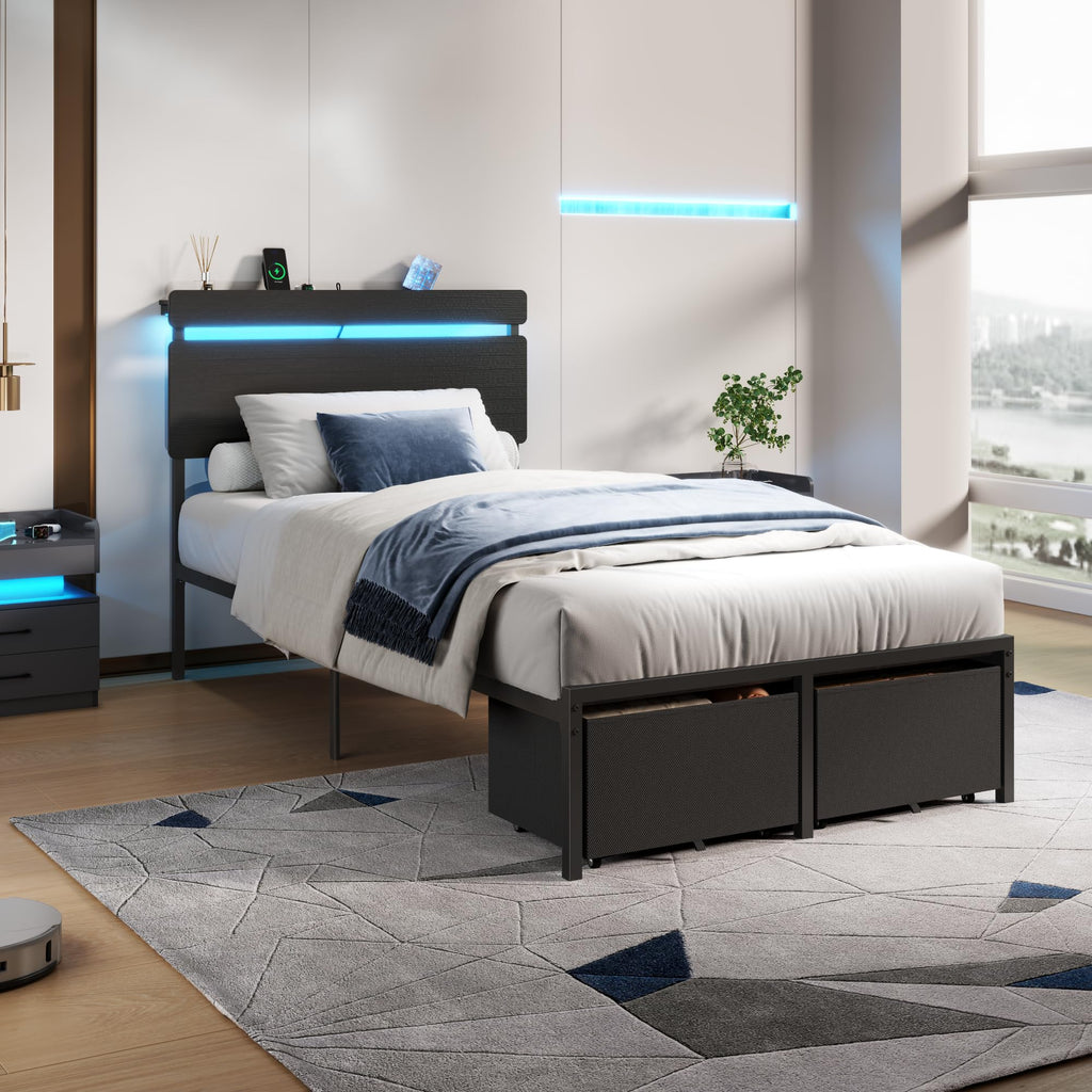 Forestell Bed Frame with Headboard, Platform Bed with 4 Storage Drawers