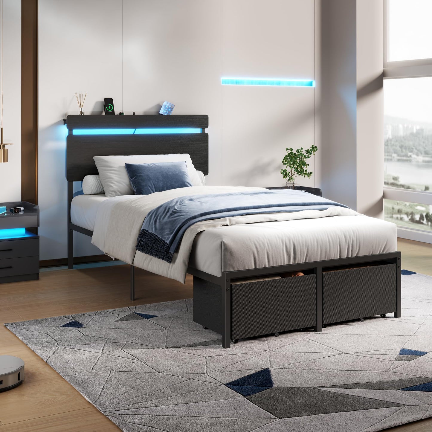 Forestell Bed Frame with Headboard, Platform Bed with 4 Storage Drawers