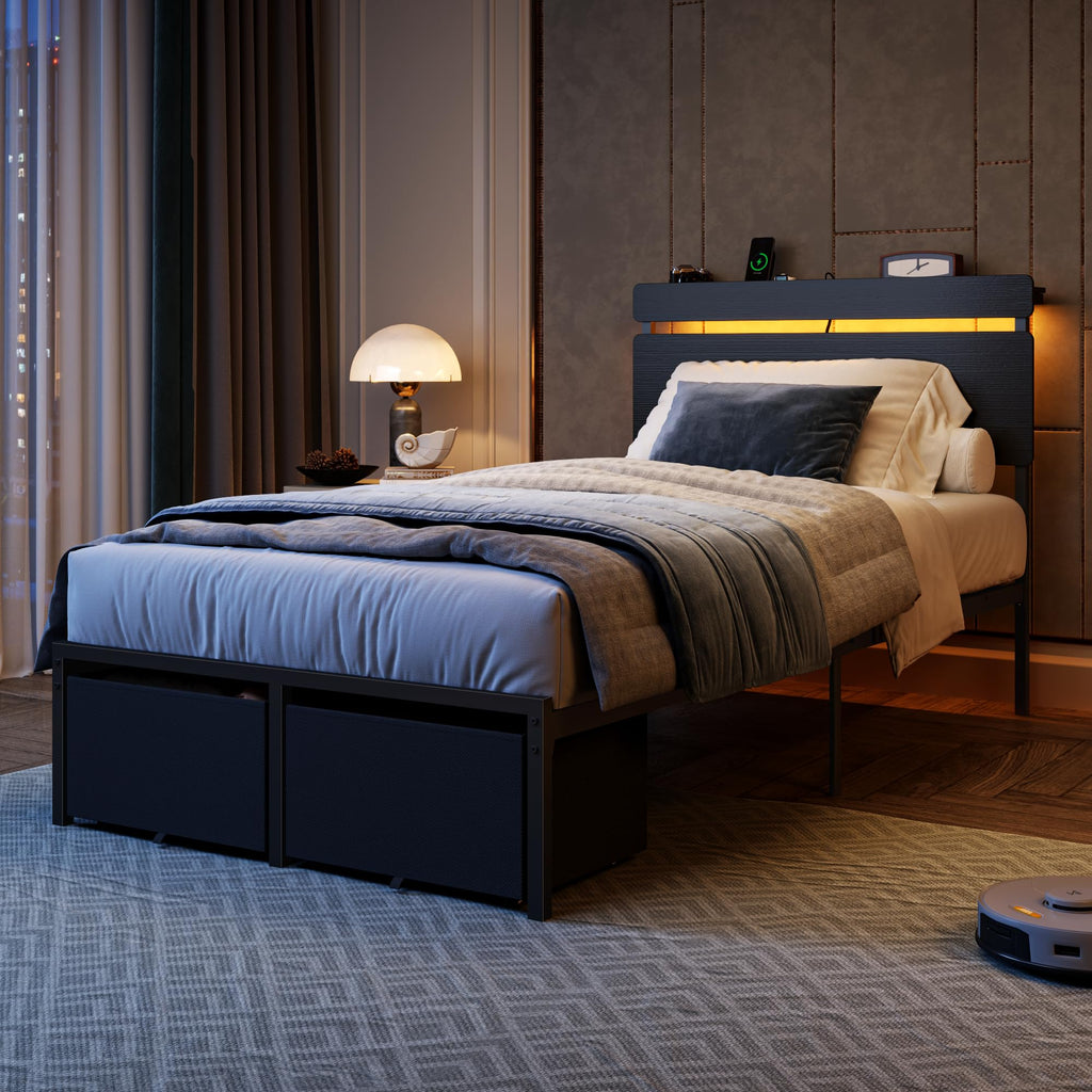 Forestell Bed Frame with Headboard, Platform Bed with 4 Storage Drawers