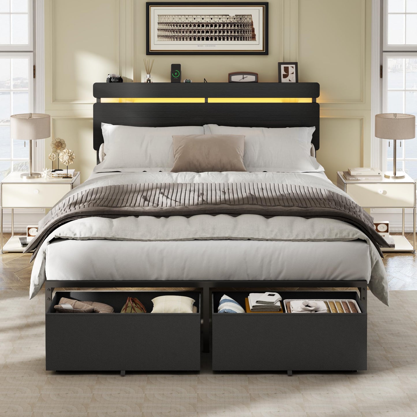 Forestell Bed Frame with Headboard, Platform Bed with 4 Storage Drawers