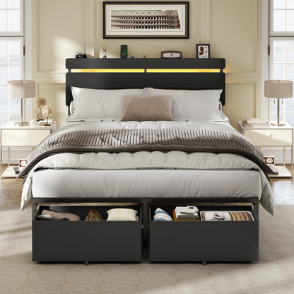 Forestell Bed Frame with Headboard, Platform Bed with 4 Storage Drawers