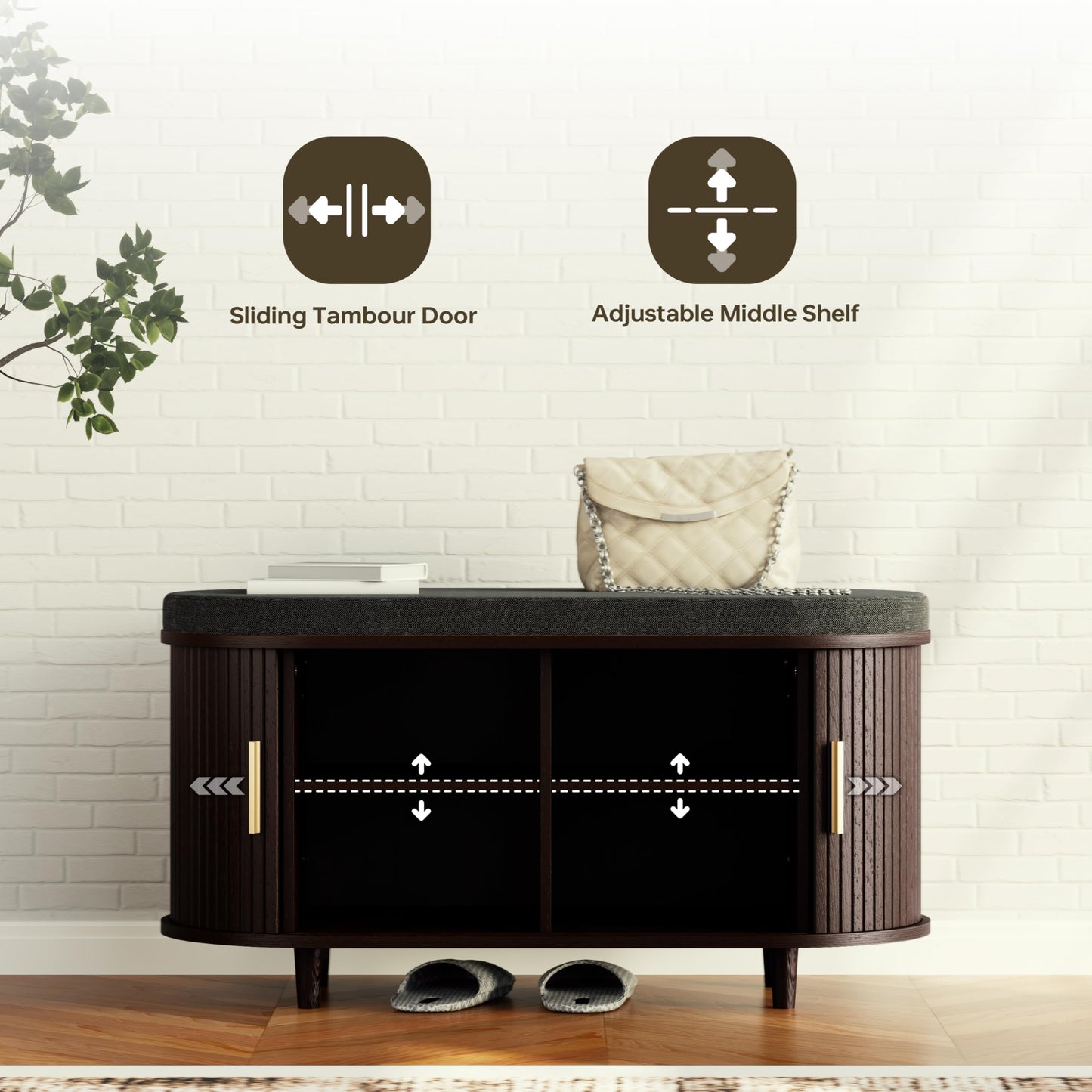 2-Tier Shoe Storage Bench with Padded Seat & Fluted Sliding Doors for Entryway